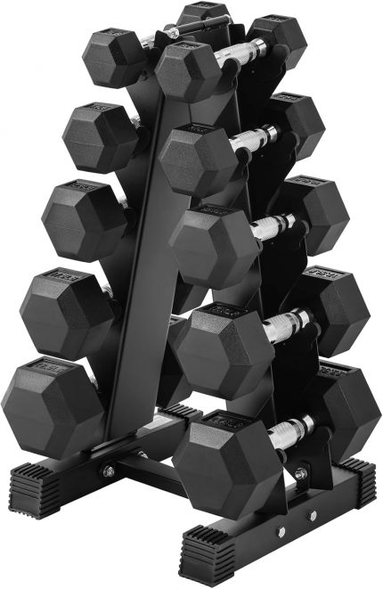 Hex Dumbbell Set with A-Frame Rack – 150LB Rubber-Coated Weight Kit (5LB-25LB Pairs)